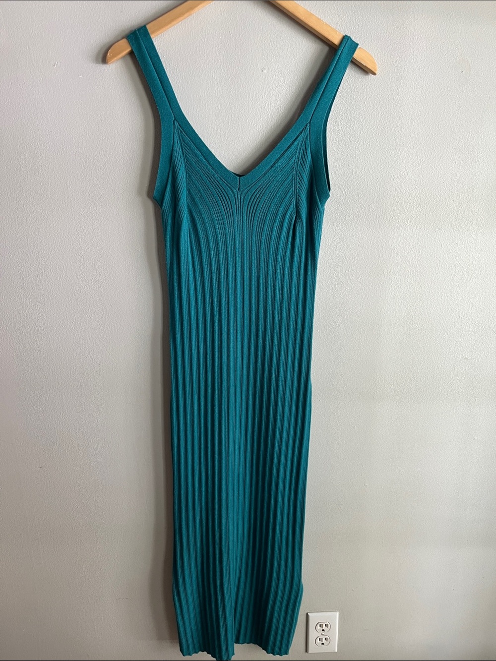 Olive + Oak Ribbed Sweater Knit Midi Dress Teal Side Slit Stretch L